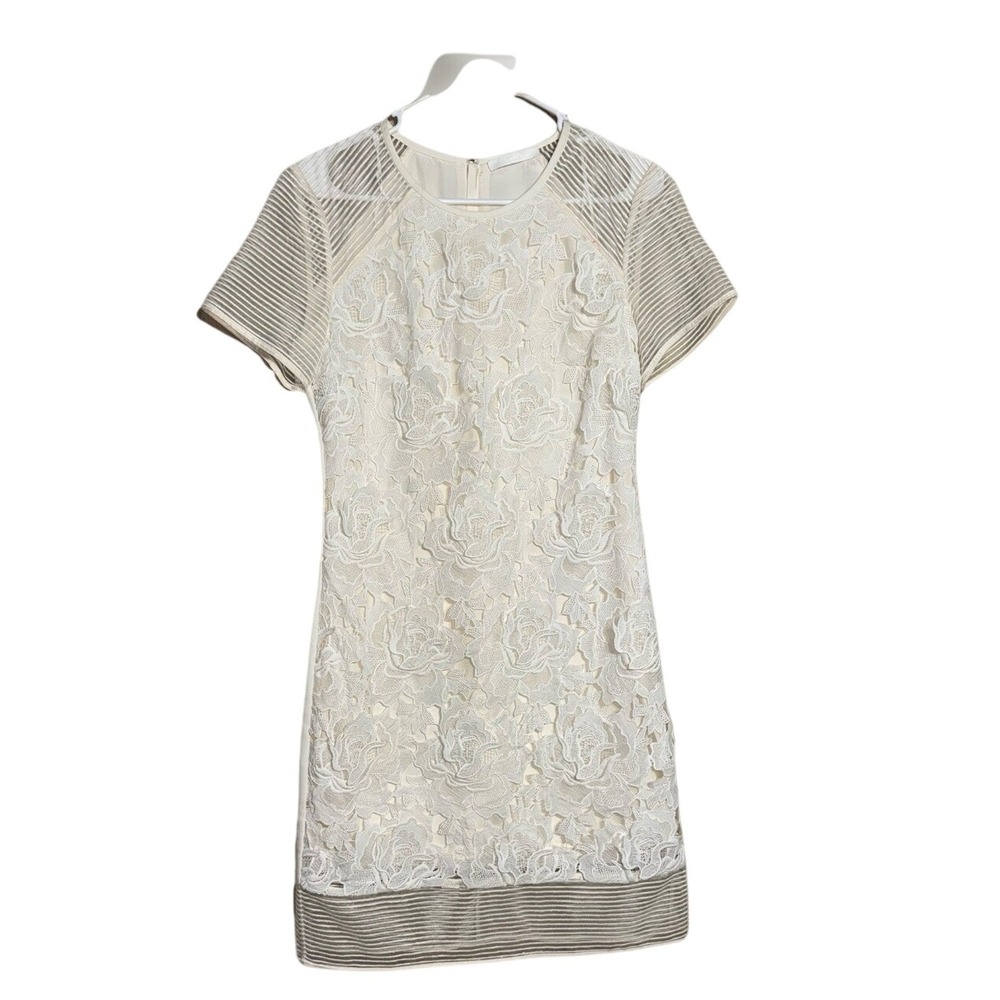 BOSS Ivory Lace Shift Dress Mesh Striped Bridal Modern Floral Cocktail Party 4
